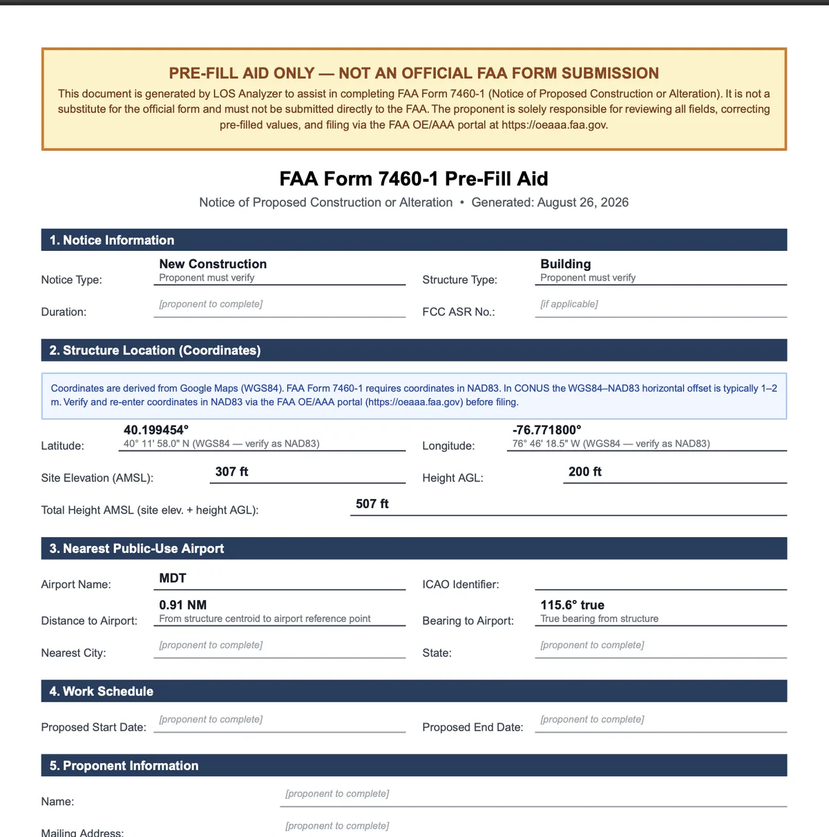 FAA Form 7460-1 Pre-Fill Aid: sections for notice information, structure coordinates, site elevation and height, nearest public-use airport with distance and bearing, work schedule and proponent information — with a banner stating it is a pre-fill aid, not an official submission.